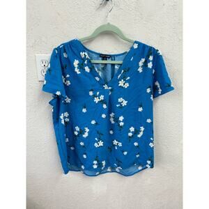 Hilary Radley Floral Daisy Short Sleeve Blouse Blue Large